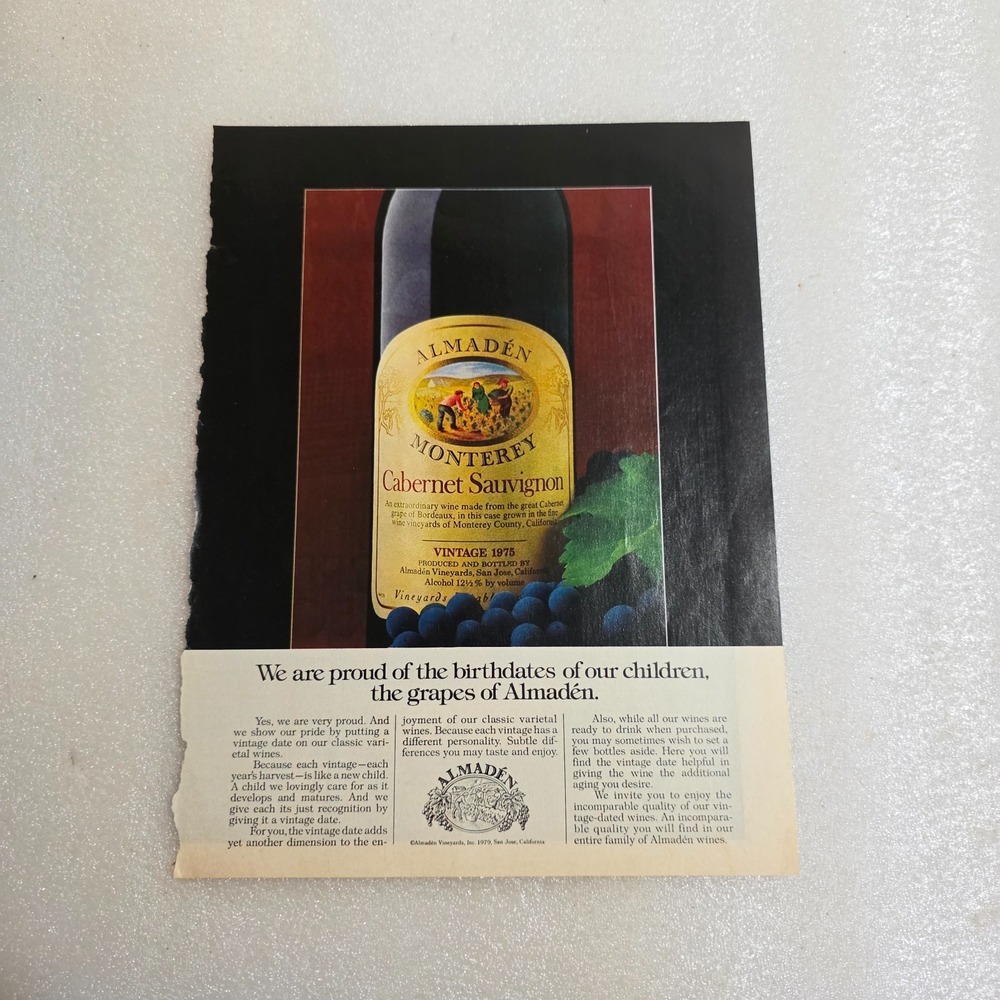 Vintage Print Ad Almaden Monterey Cabernet Sauvignon grapes color 8x10.5 1979
